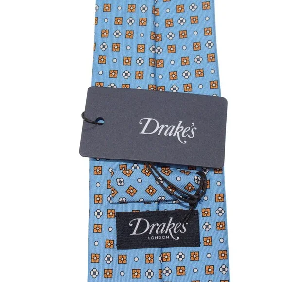 Drake's NWT Neck Tie in Light Blue with Orange/White Geometric Pattern 100% Silk